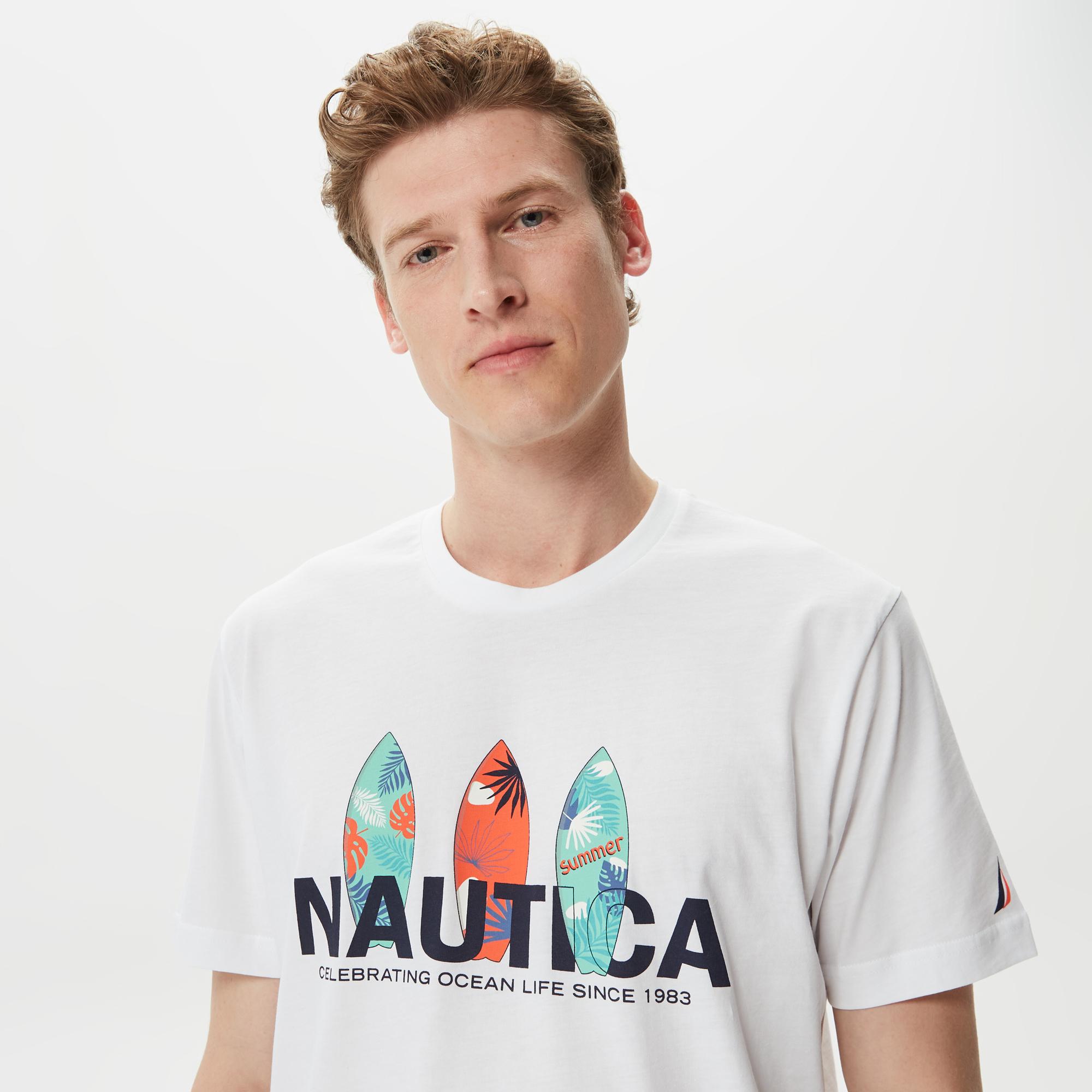 Nautica Erkek Beyaz Desenli Standart Fit T-Shirt