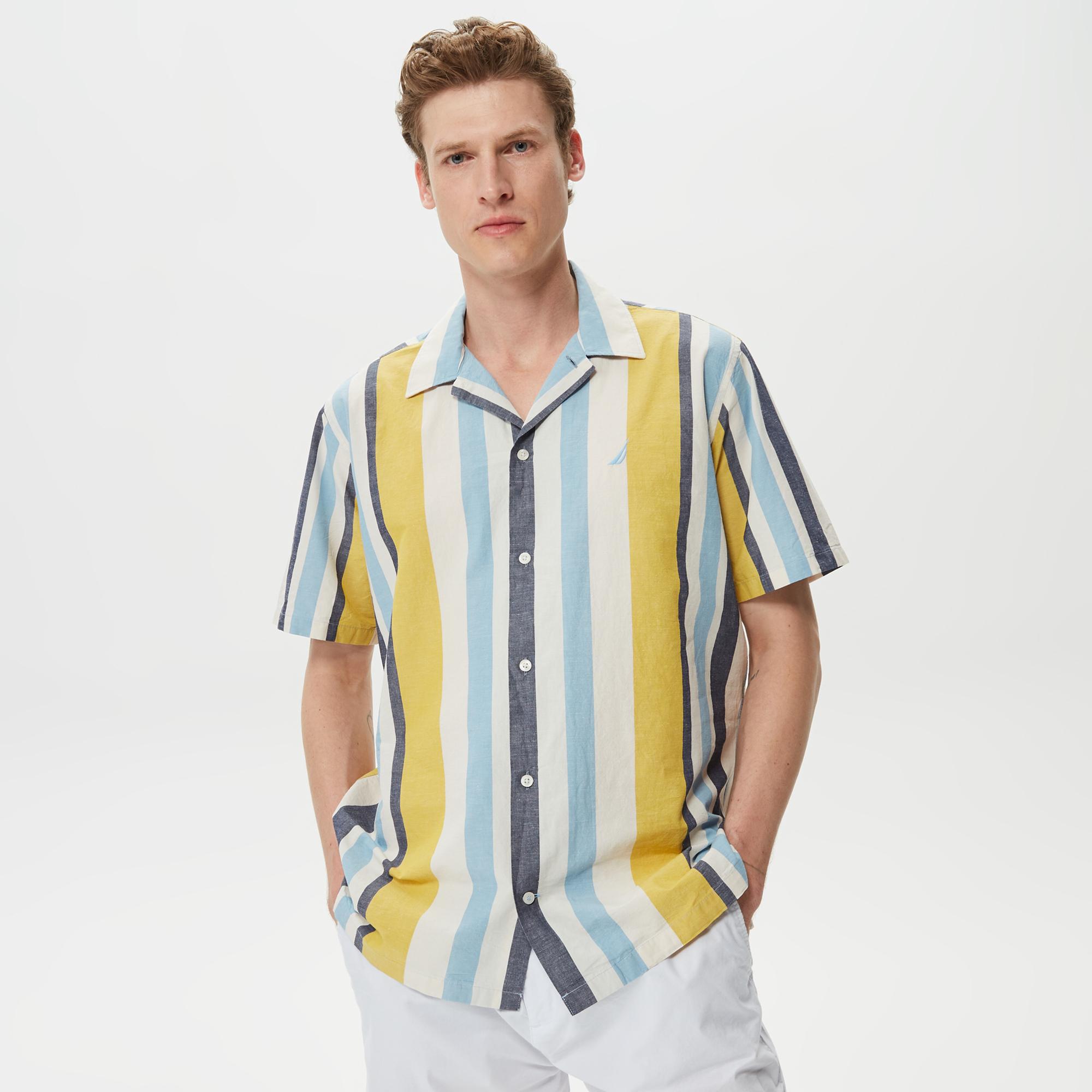 Nautica Erkek Çizgili Classic Renkli Fit Kısa Kollu Keten Gömlek