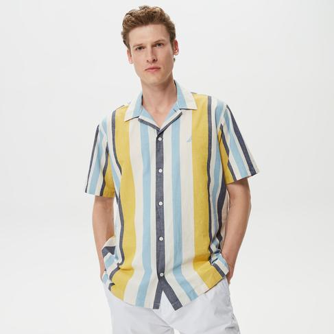  Nautica Erkek Çizgili Classic Fit Kısa Kollu Keten Gömlek
