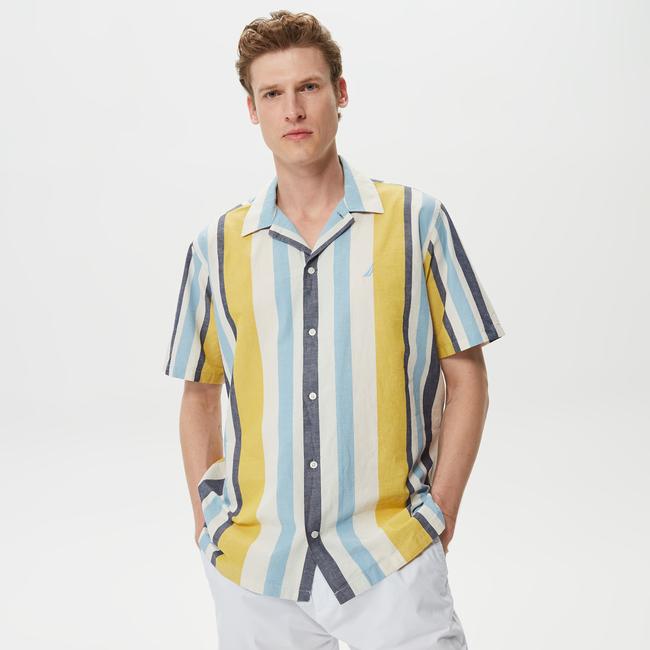  Nautica Erkek Çizgili Classic Fit Kısa Kollu Keten Gömlek