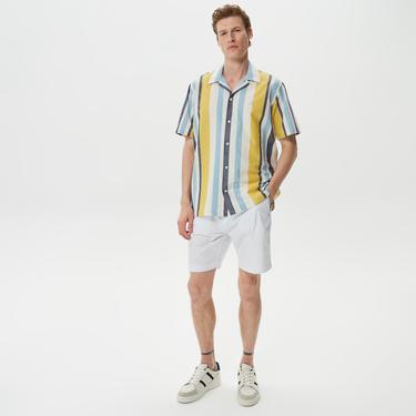  Nautica Erkek Çizgili Classic Fit Kısa Kollu Keten Gömlek