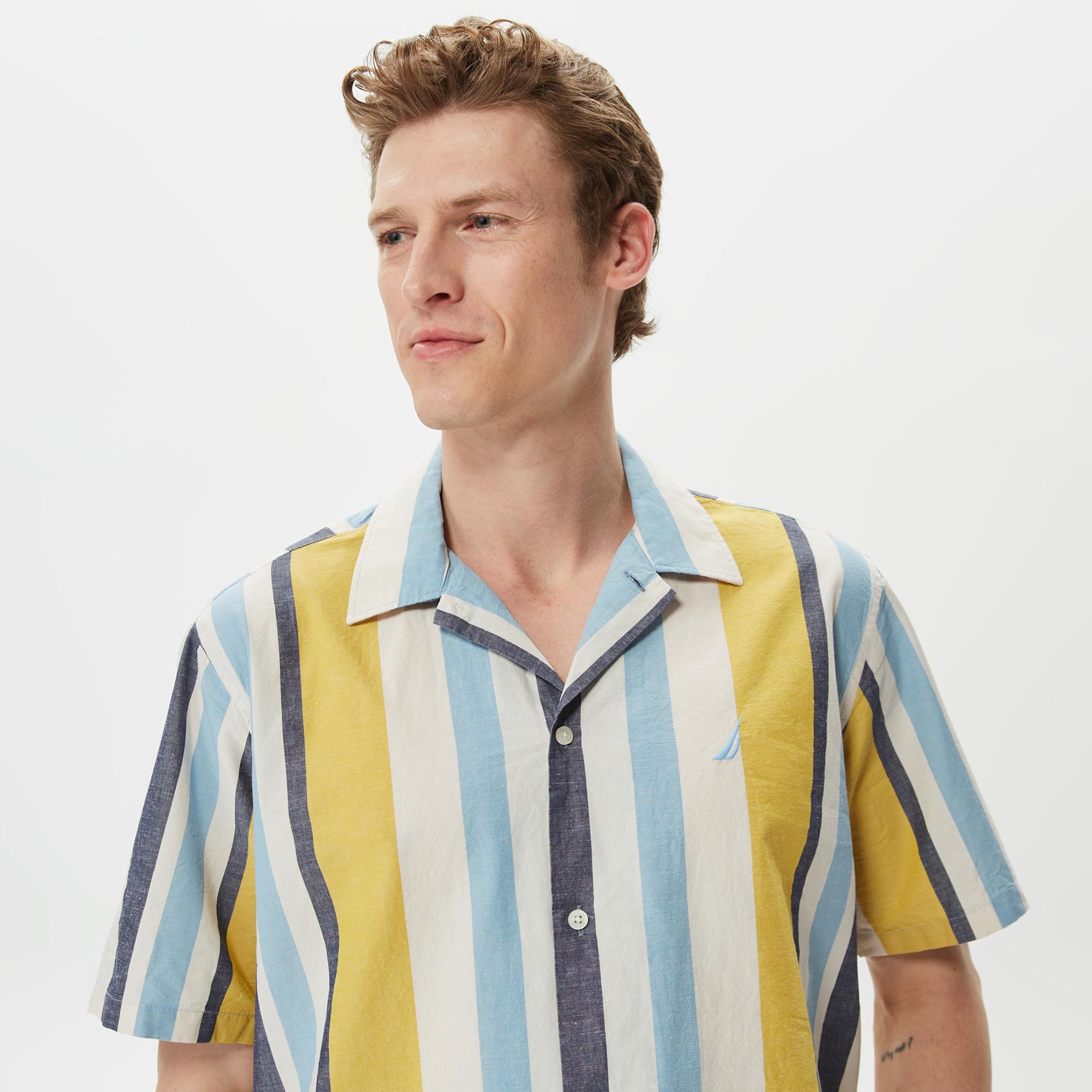 Nautica Erkek Çizgili Classic Renkli Fit Kısa Kollu Keten Gömlek