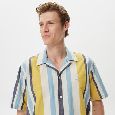  Nautica Erkek Çizgili Classic Fit Kısa Kollu Keten Gömlek