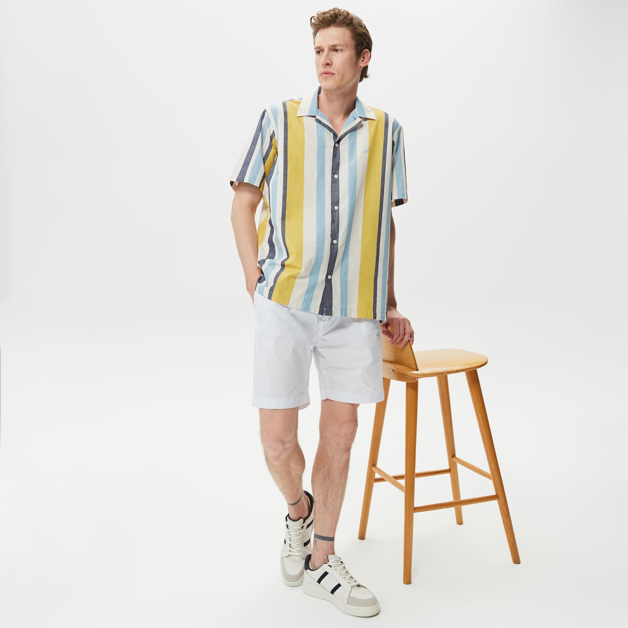 Nautica Erkek Çizgili Classic Renkli Fit Kısa Kollu Keten Gömlek