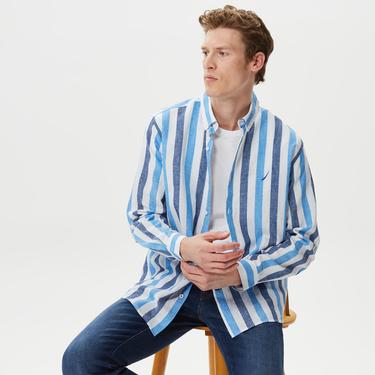  Nautica Erkek Mavi Çizgili Classic Fit Uzun Kollu Keten Gömlek