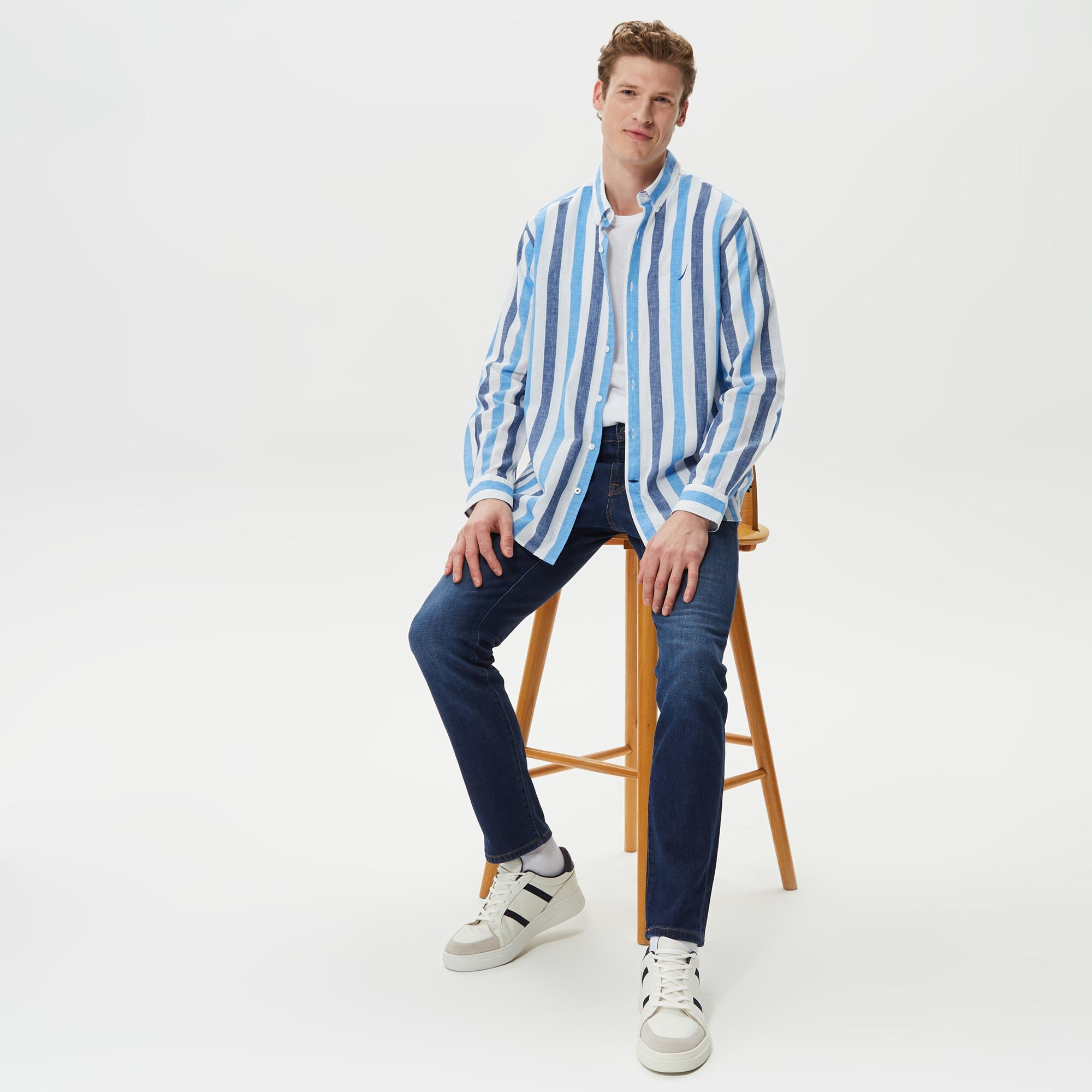 Nautica Erkek Mavi Çizgili Classic Fit Uzun Kollu Keten Gömlek