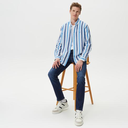  Nautica Erkek Mavi Çizgili Classic Fit Uzun Kollu Keten Gömlek