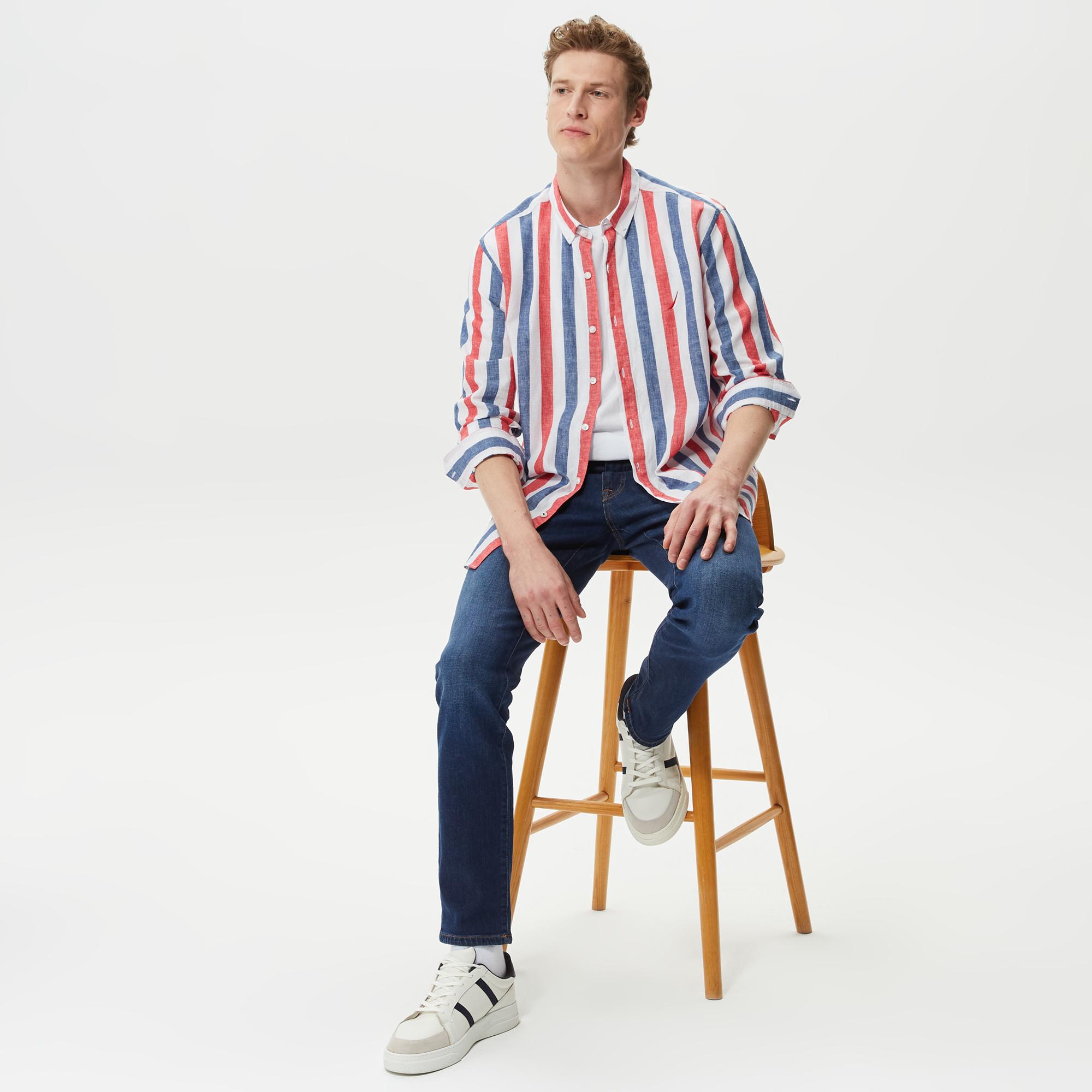 Nautica Erkek Kırmızı Classic Fit Uzun Kollu Keten Gömlek