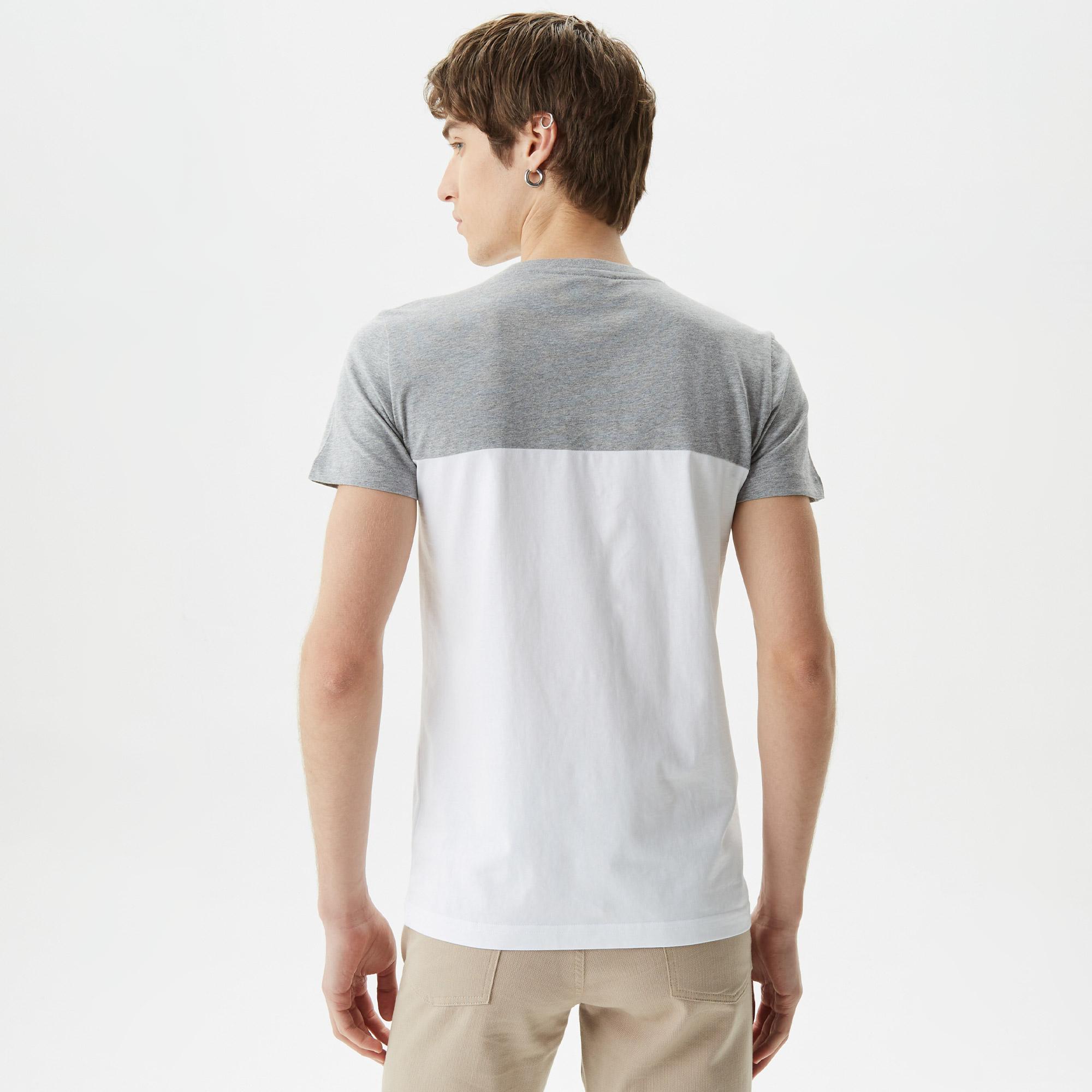 Erkek Slim Fit Bisiklet Yaka Renk Bloklu Gri T-Shirt