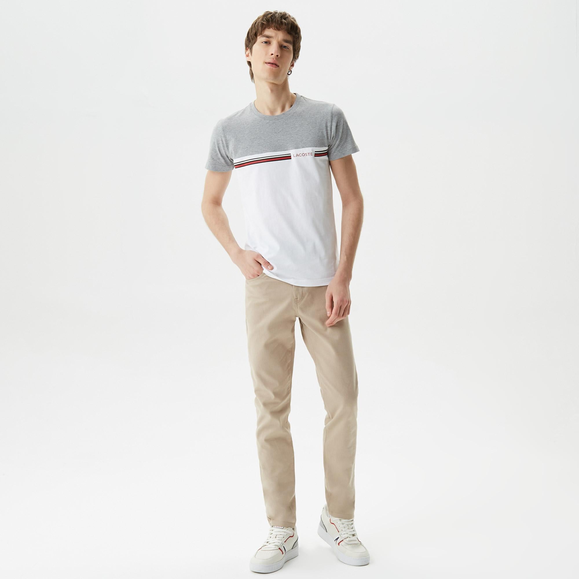 Erkek Slim Fit Bisiklet Yaka Renk Bloklu Gri T-Shirt