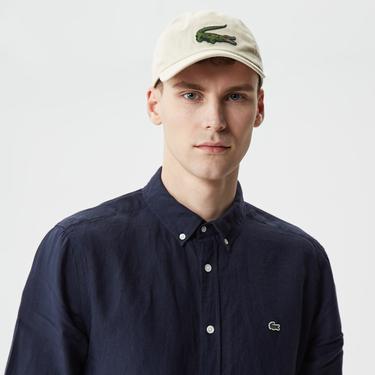  Lacoste Erkek Regular Fit Düğmeli Yaka Keten Lacivert Gömlek