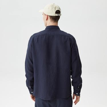  Lacoste Erkek Regular Fit Düğmeli Yaka Keten Lacivert Gömlek
