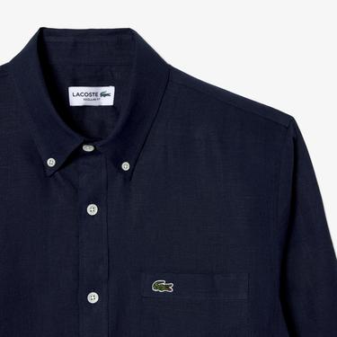  Lacoste Erkek Regular Fit Düğmeli Yaka Keten Lacivert Gömlek