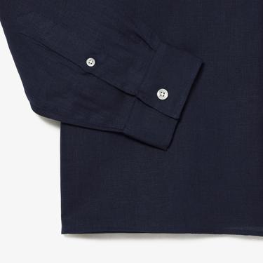  Lacoste Erkek Regular Fit Düğmeli Yaka Keten Lacivert Gömlek