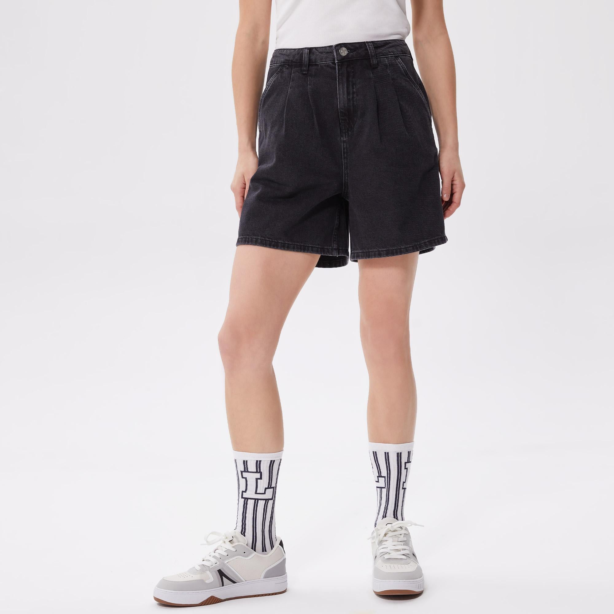 Kadın Loose Fit Denim Siyah Bermuda