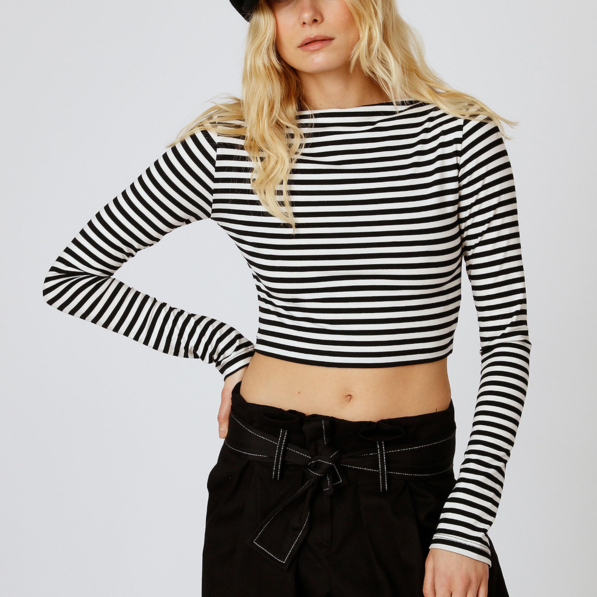 Çizgili Kayık Yaka Croptop