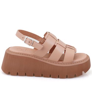  Kadın Pembe Dolgu Tabanlı Deri Sandalet