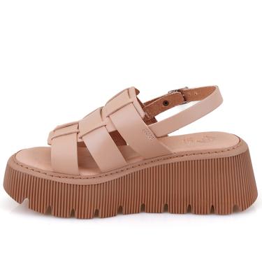  Kadın Pembe Dolgu Tabanlı Deri Sandalet