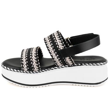  Kadın Siyah Hasır Örgülü Deri Sandalet