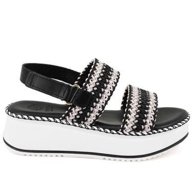  Kadın Siyah Hasır Örgülü Deri Sandalet