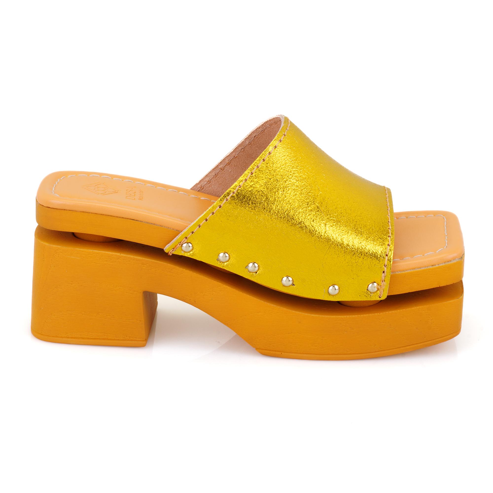 Kadın Sarı Topuklu Deri Terlik