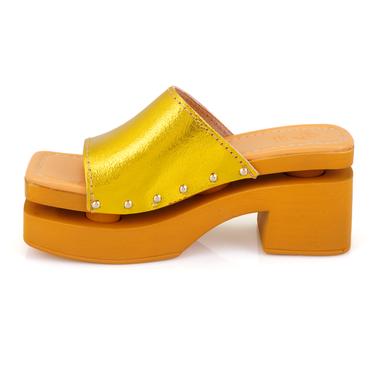  Kadın Sarı Topuklu Deri Terlik