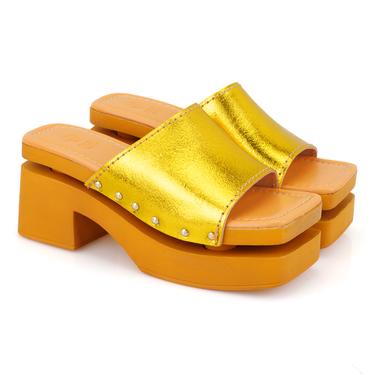  Kadın Sarı Topuklu Deri Terlik