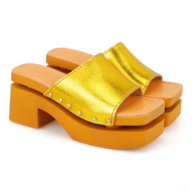  Kadın Sarı Topuklu Deri Terlik