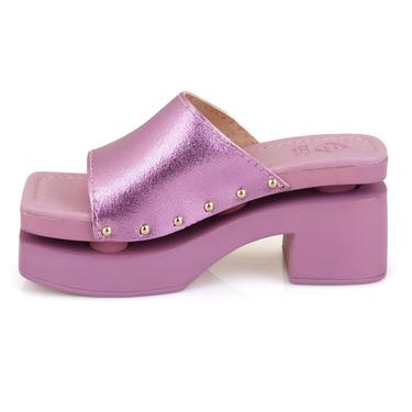  Kadın Pembe Topuklu Deri Terlik