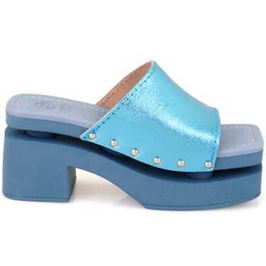  Kadın Mavi Topuklu Deri Terlik