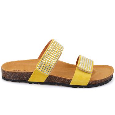  Kadın Sarı Cırt Cırtlı Süet Deri Terlik