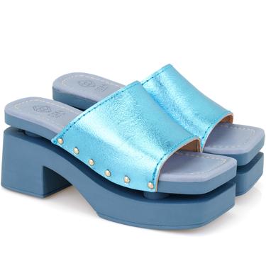  Kadın Mavi Topuklu Deri Terlik