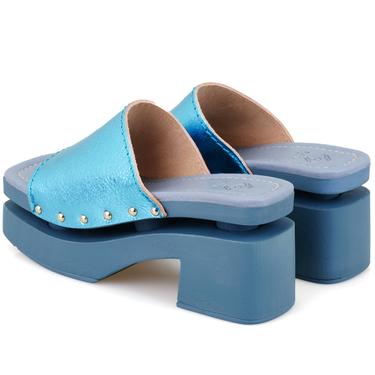  Kadın Mavi Topuklu Deri Terlik