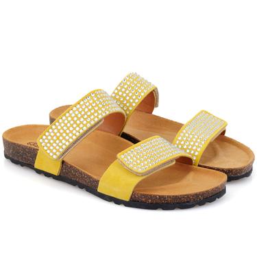  Kadın Sarı Cırt Cırtlı Süet Deri Terlik