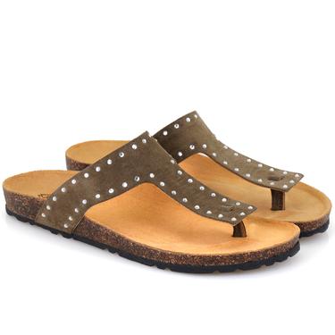  Kadın Yeşil Parmak Arası Süet Deri Terlik