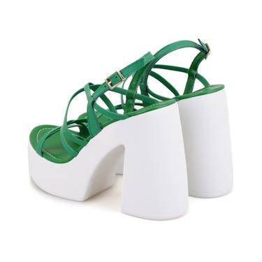  Kadın Yeşil Platform Topuklu Deri Sandalet