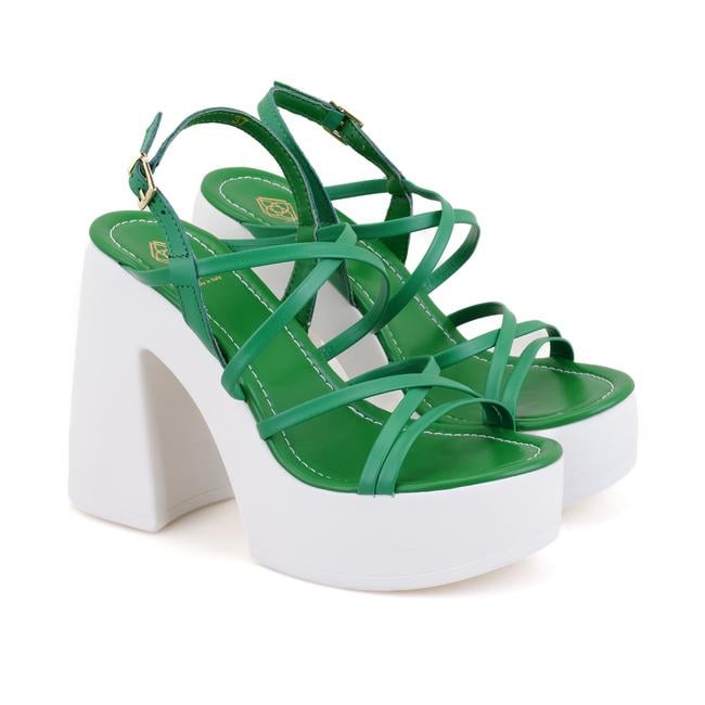  Kadın Yeşil Platform Topuklu Deri Sandalet
