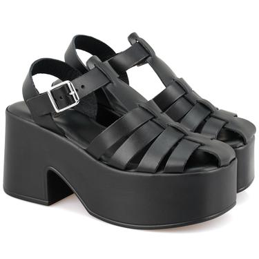  Kadın Siyah Dolgu Topuklu Deri Sandalet