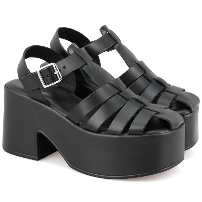  Kadın Siyah Dolgu Topuklu Deri Sandalet