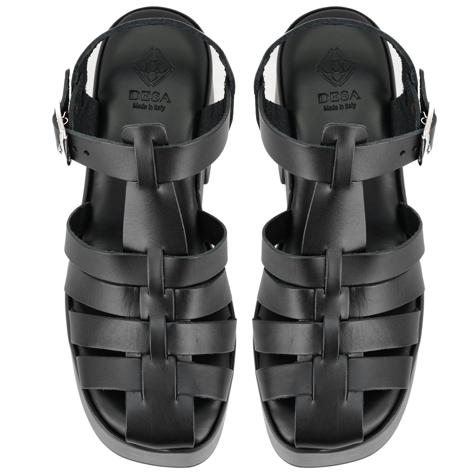 Kadın Siyah Dolgu Topuklu Deri Sandalet