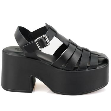  Kadın Siyah Dolgu Topuklu Deri Sandalet