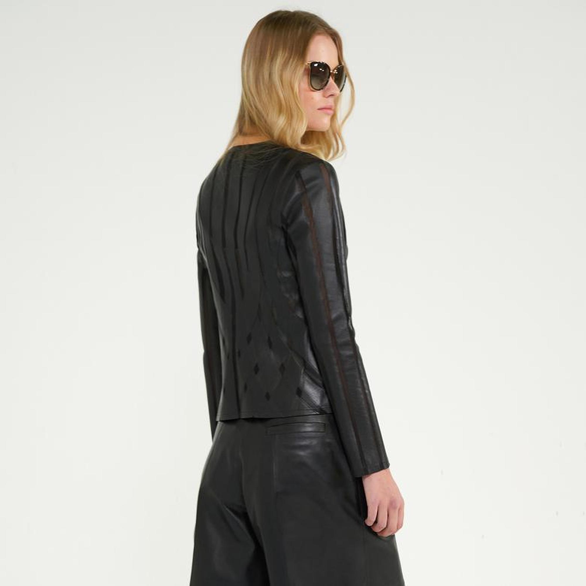 Marita Kadın Siyah Dairesel Panelli Deri Ceket