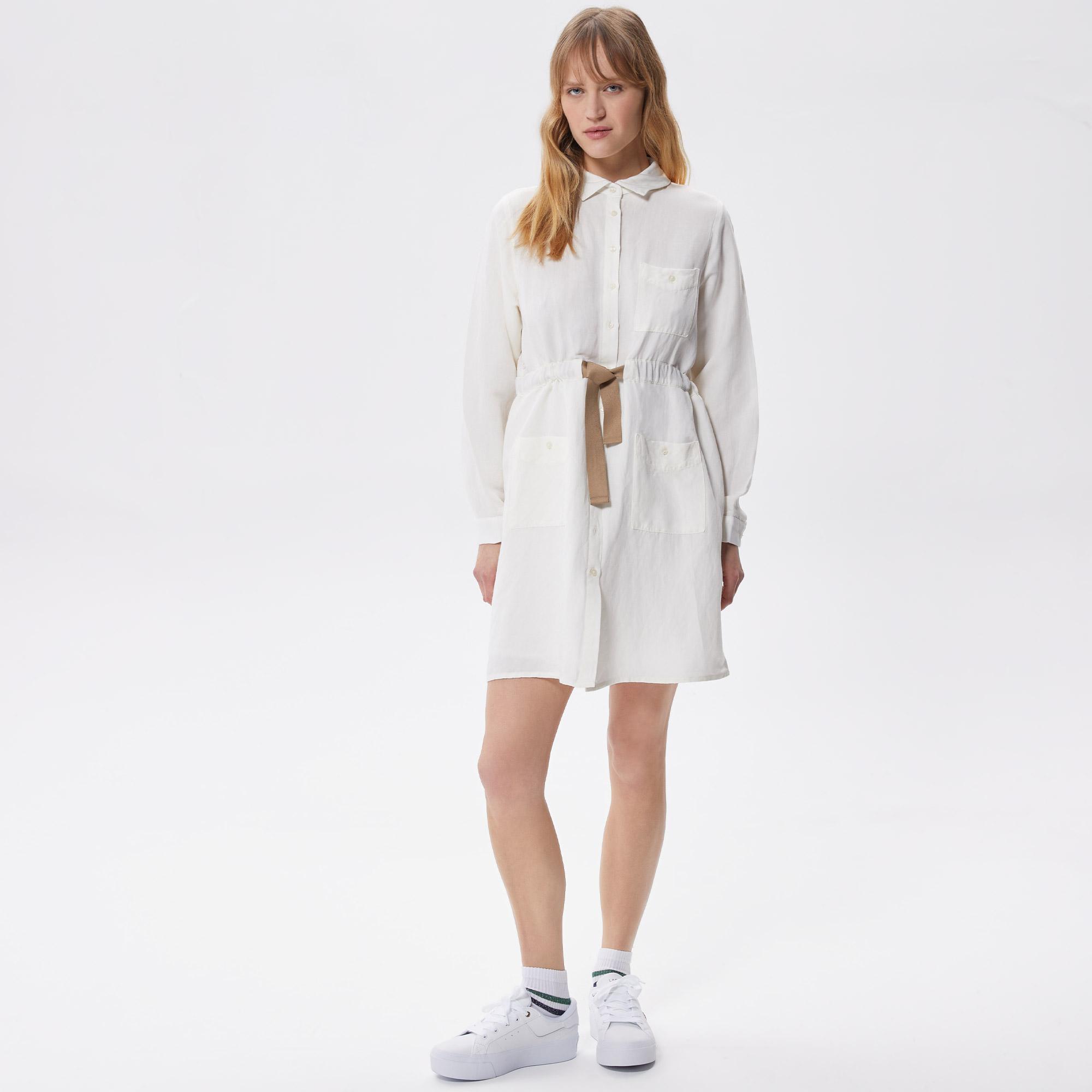 Kadın Relaxed Fit Uzun Kollu Gömlek Yaka Beyaz Elbise