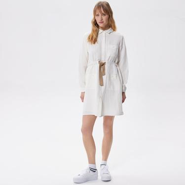  Kadın Relaxed Fit Uzun Kollu Gömlek Yaka Beyaz Elbise