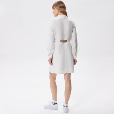  Kadın Relaxed Fit Uzun Kollu Gömlek Yaka Beyaz Elbise