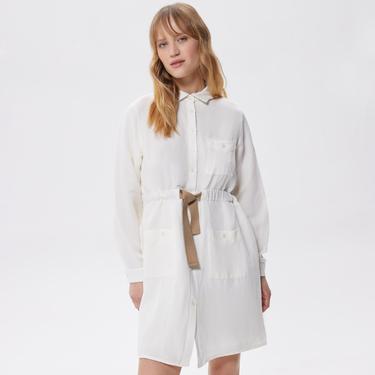  Kadın Relaxed Fit Uzun Kollu Gömlek Yaka Beyaz Elbise
