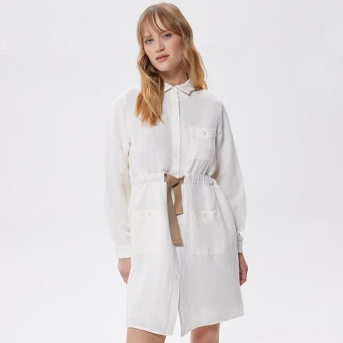  Kadın Relaxed Fit Uzun Kollu Gömlek Yaka Beyaz Elbise