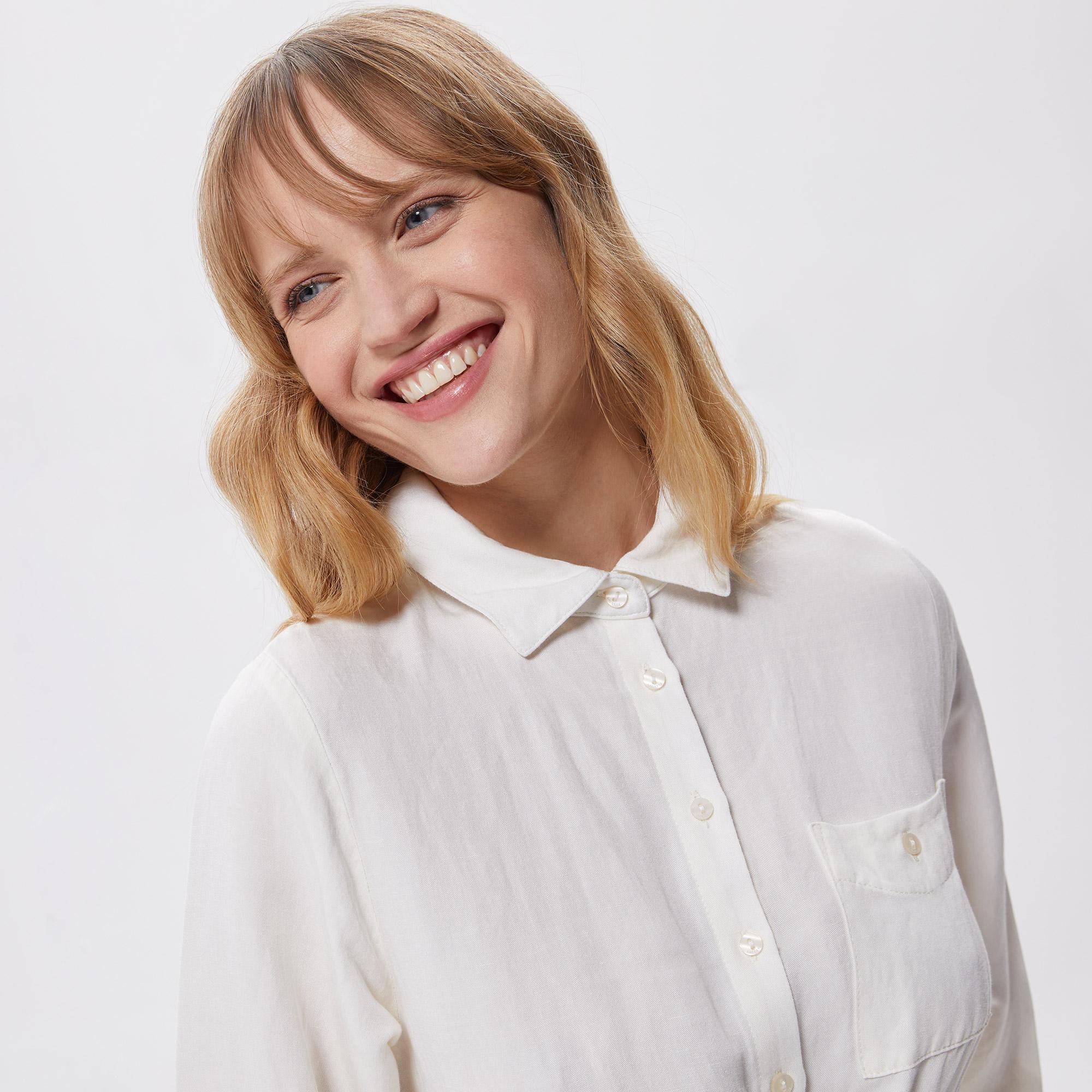 Kadın Relaxed Fit Uzun Kollu Gömlek Yaka Beyaz Elbise