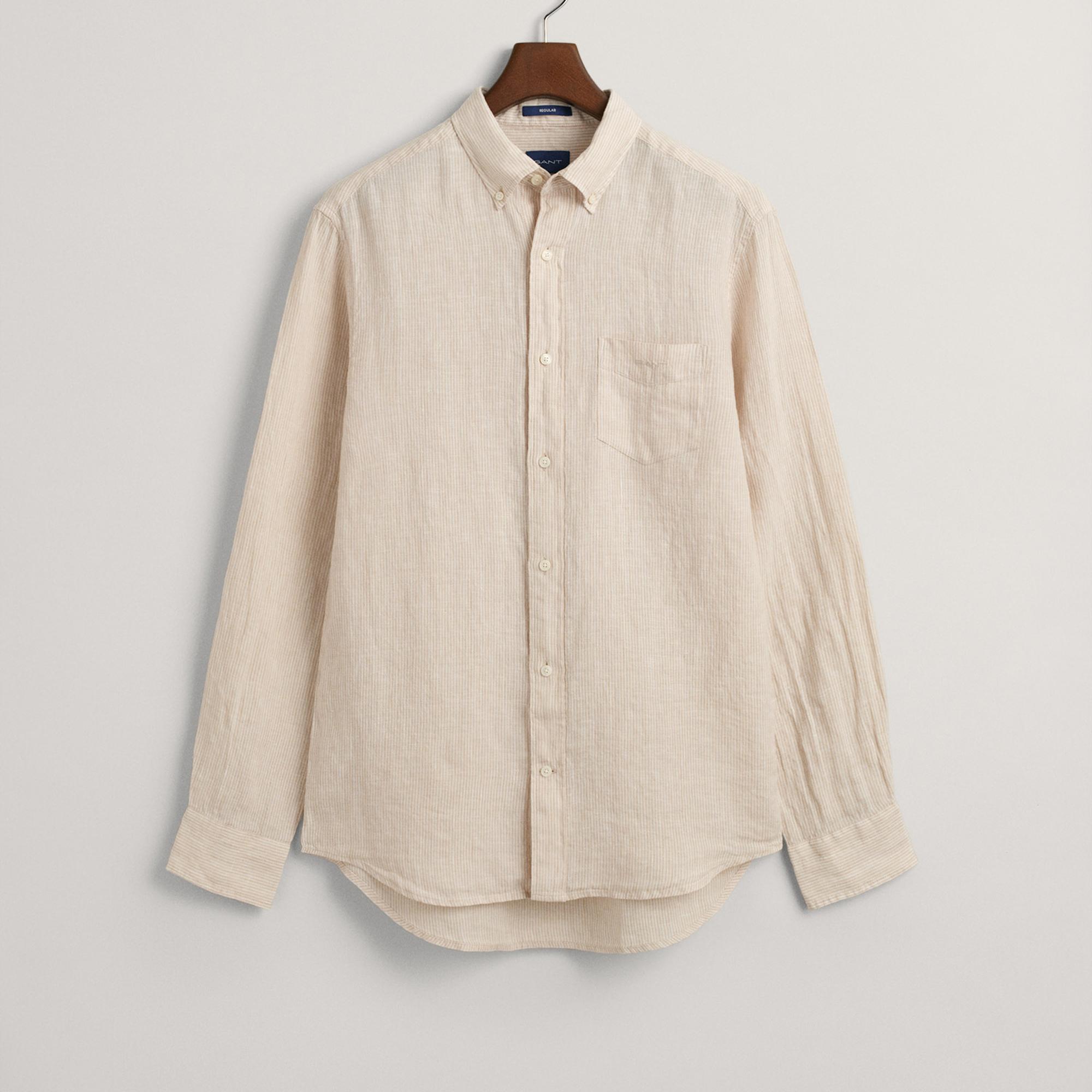 GANT Erkek Bej Regular Fit Çizgili Keten Gömlek