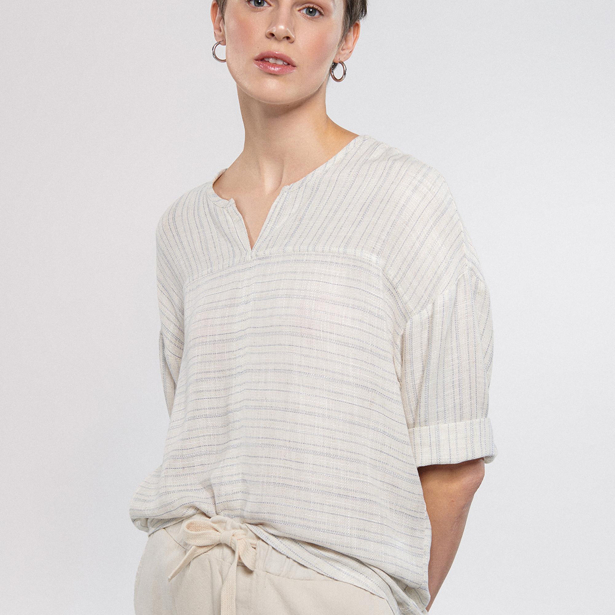 Mavi Keten Karışımlı Çizgili Bej Bluz 1210328-83905